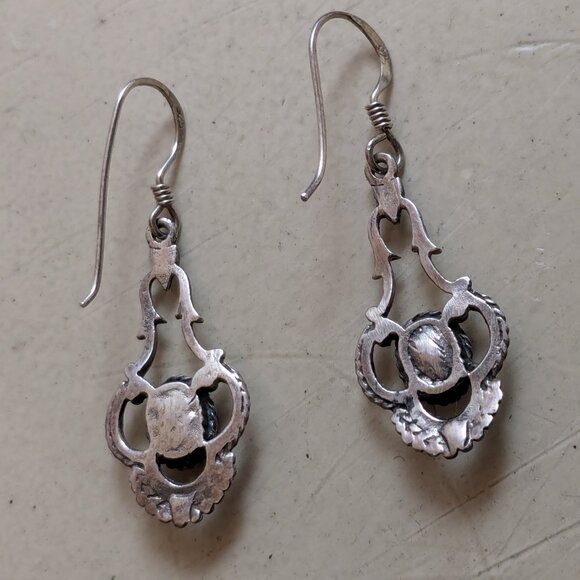 Delicate Ornate Sterling Dangle Earrings with Emerald Colored Inlay - Picture 8 of 10